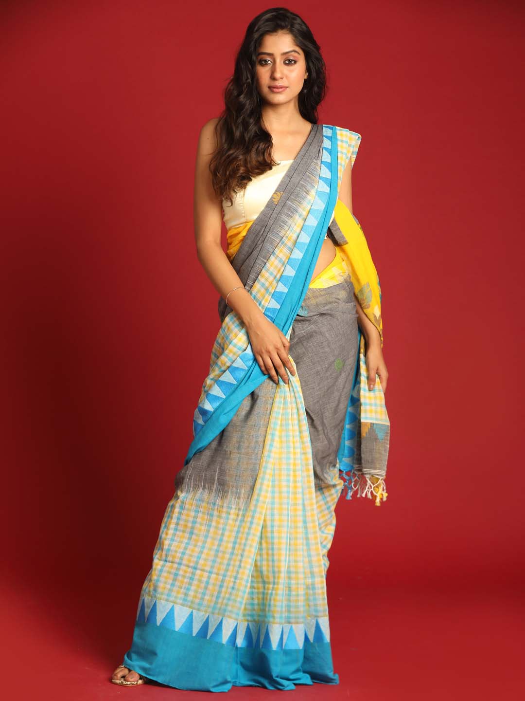 Indethnic Yellow and Grey Solid Colour Blocked Saree - View 1
