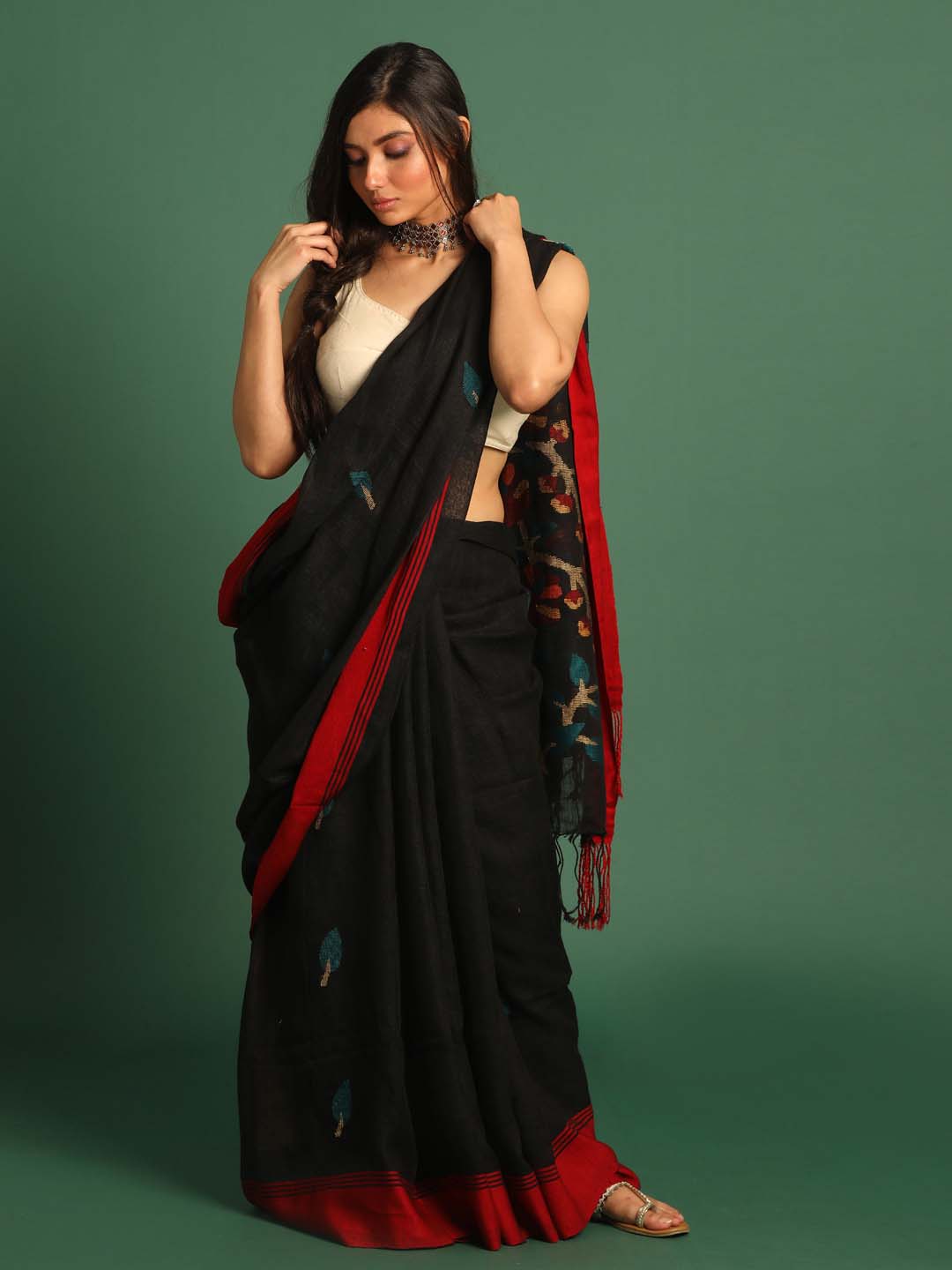 Indethnic Black Pure Linen Ethnic Motifs Design Jamdani - View 1