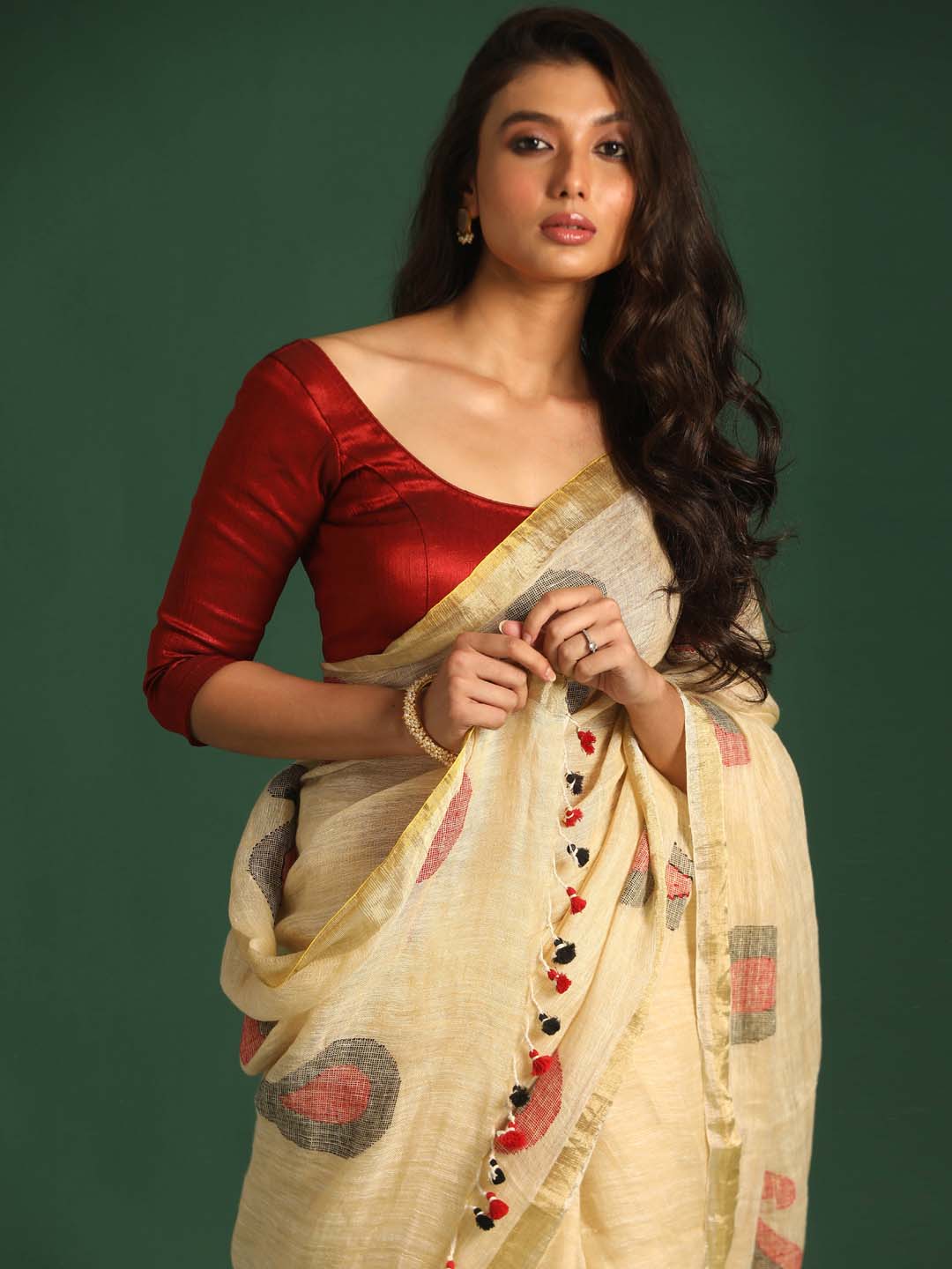 Indethnic Beige Pure Linen Ethnic Motifs Design Jamdani - View 3