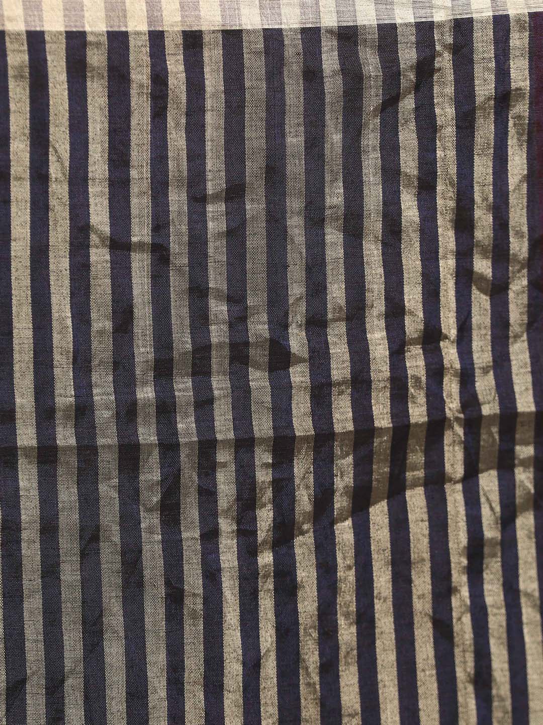 Indethnic Navy Blue Pure Linen Striped Design Jamdani - Saree Detail View