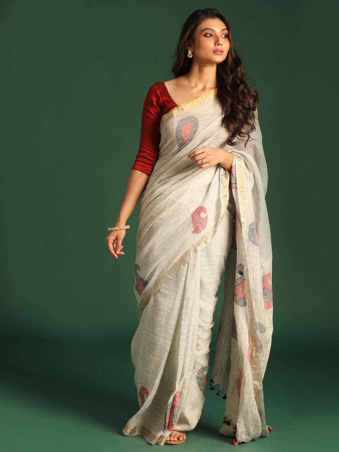 Indethnic Grey Pure Linen Ethnic Motifs Design Jamdani - View 1