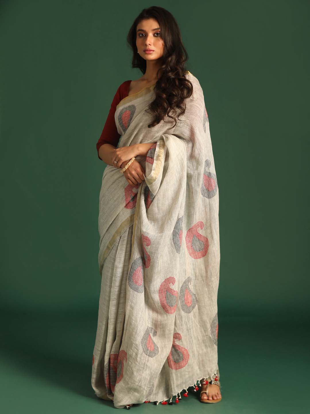 Indethnic Grey Pure Linen Ethnic Motifs Design Jamdani - View 2