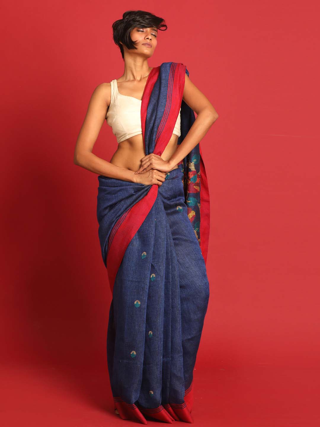 Indethnic Navy Blue Pure Linen Ethnic Motifs Design Jamdani - View 1