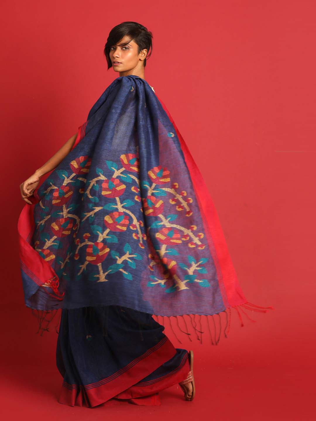 Indethnic Navy Blue Pure Linen Ethnic Motifs Design Jamdani - View 3