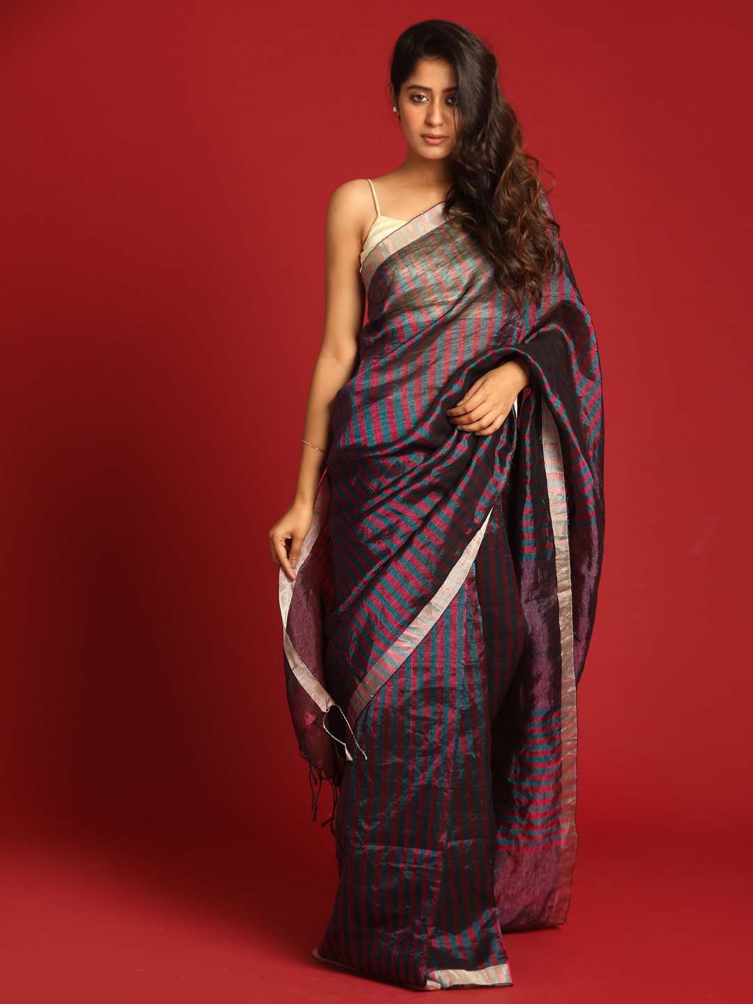 Indethnic Purple Pure Linen Striped Design Jamdani - View 1