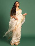 Indethnic White Pure Silk Floral Design Jamdani - View 1