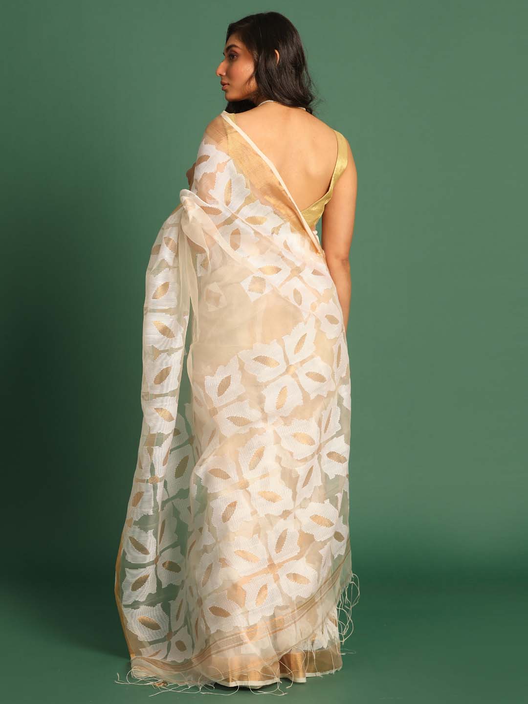 Indethnic White Pure Silk Floral Design Jamdani - View 3