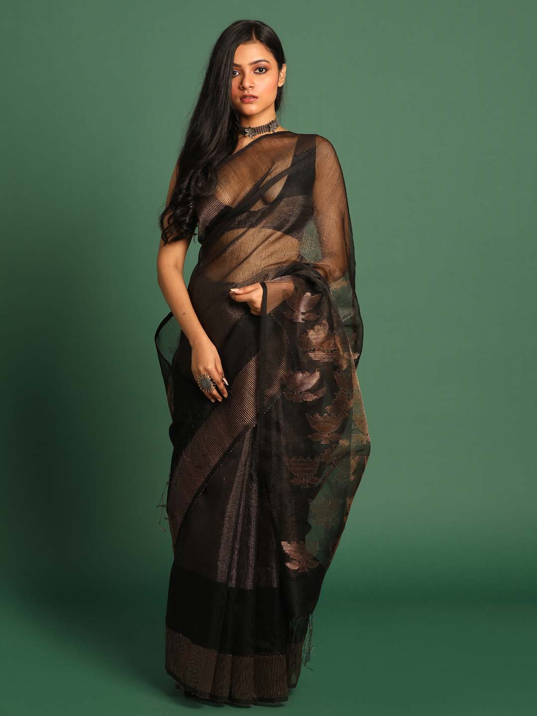 Indethnic Black Pure Silk Floral Design Jamdani - View 1