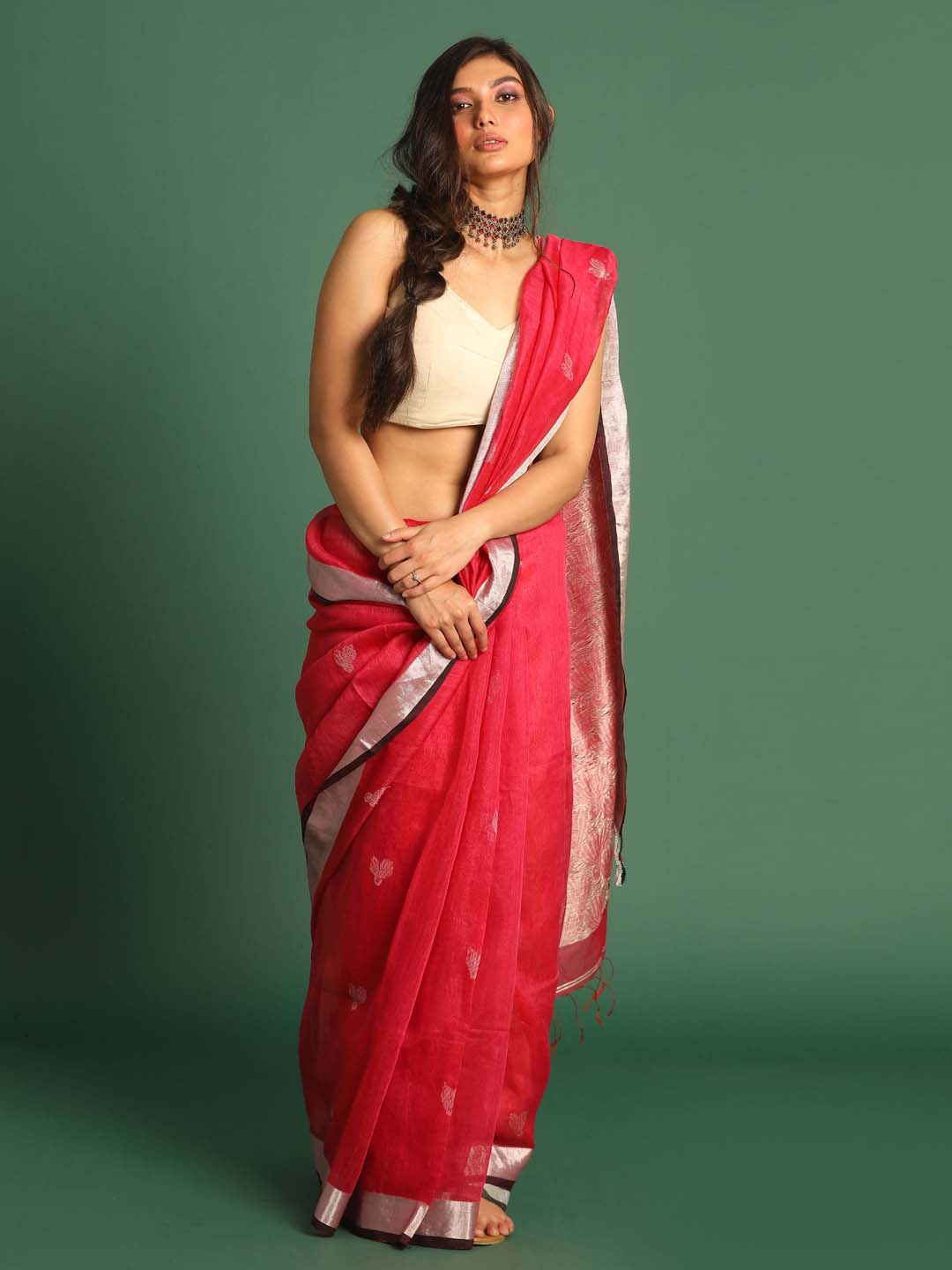 Indethnic Red Pure Silk Abstract Design Jamdani - View 1