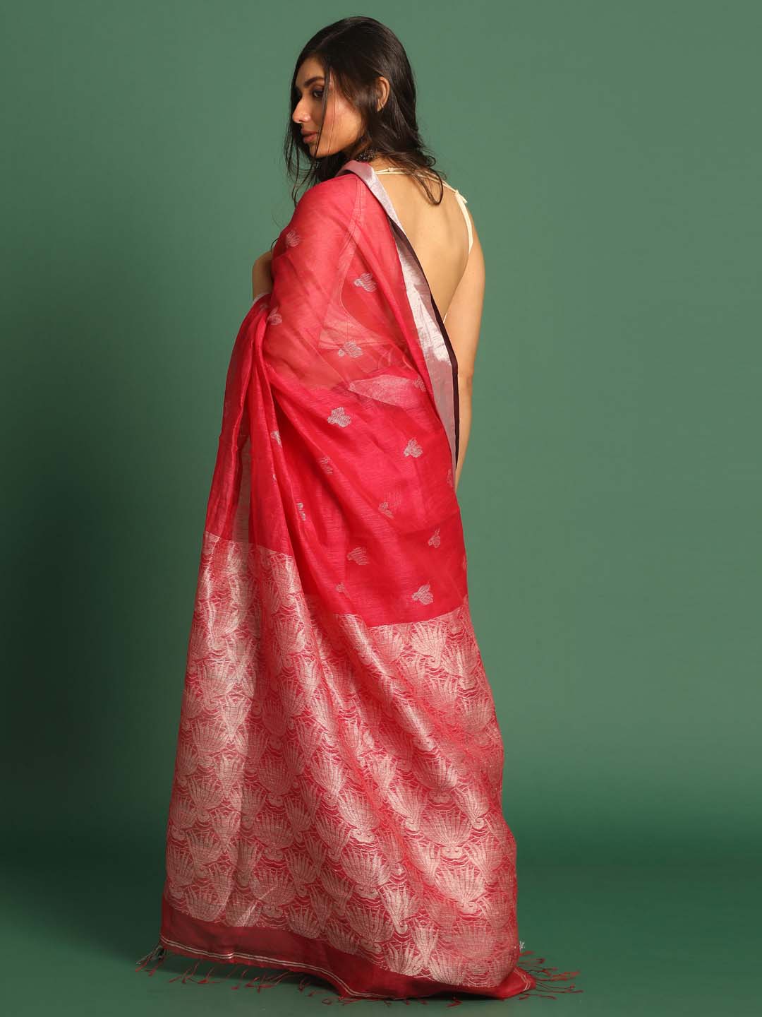 Indethnic Red Pure Silk Abstract Design Jamdani - View 3