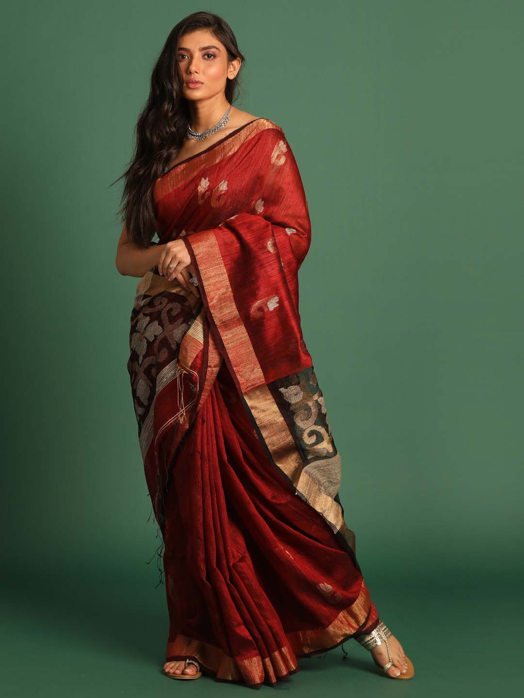 Indethnic Red Pure Silk Ethnic Motifs Design Jamdani - View 1