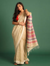 CREAMED PERFECTION (JAMDANI 100% PURE SILK SAREE)