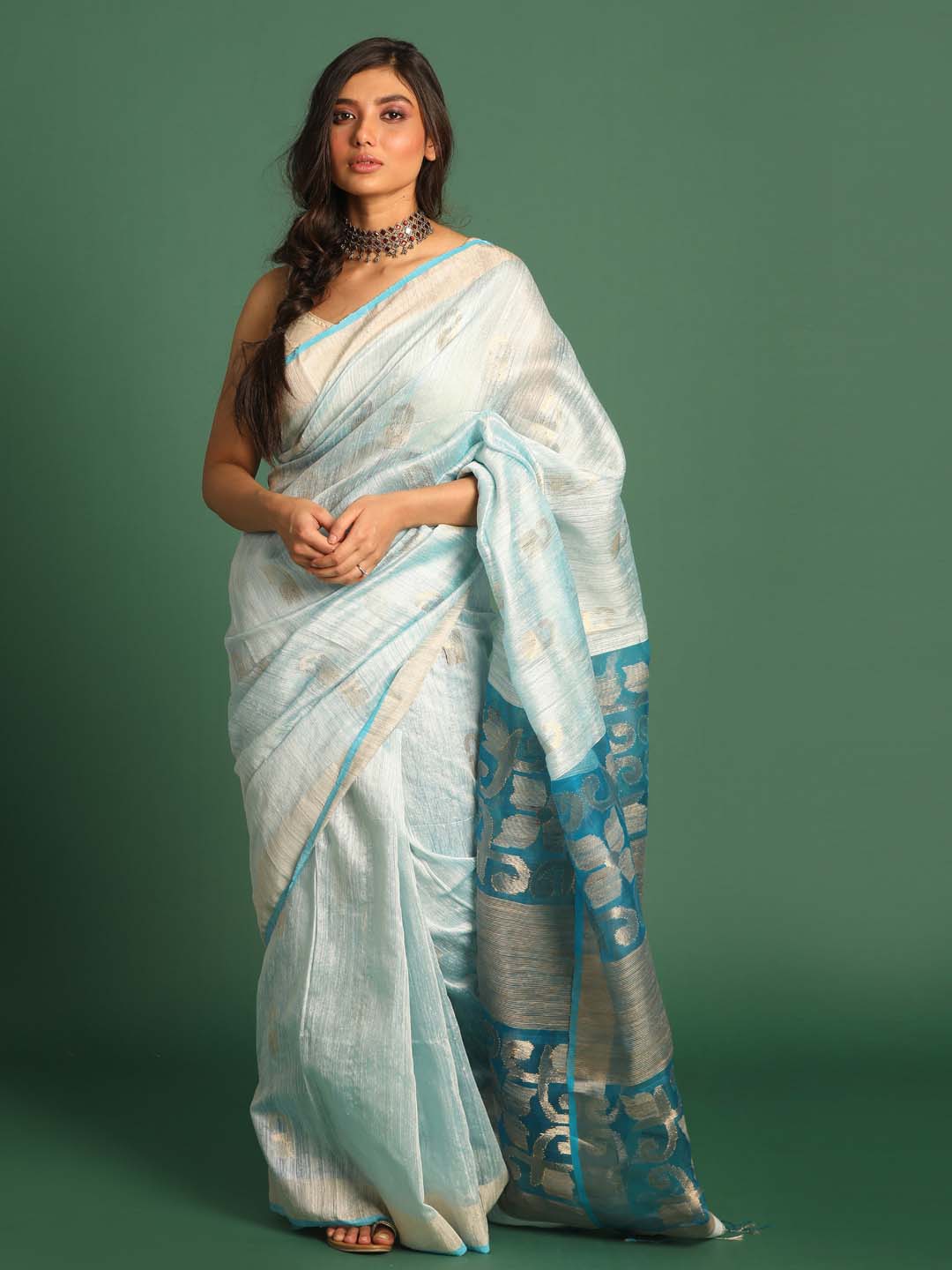 Indethnic Blue Pure Silk Ethnic Motifs Design Jamdani - View 1