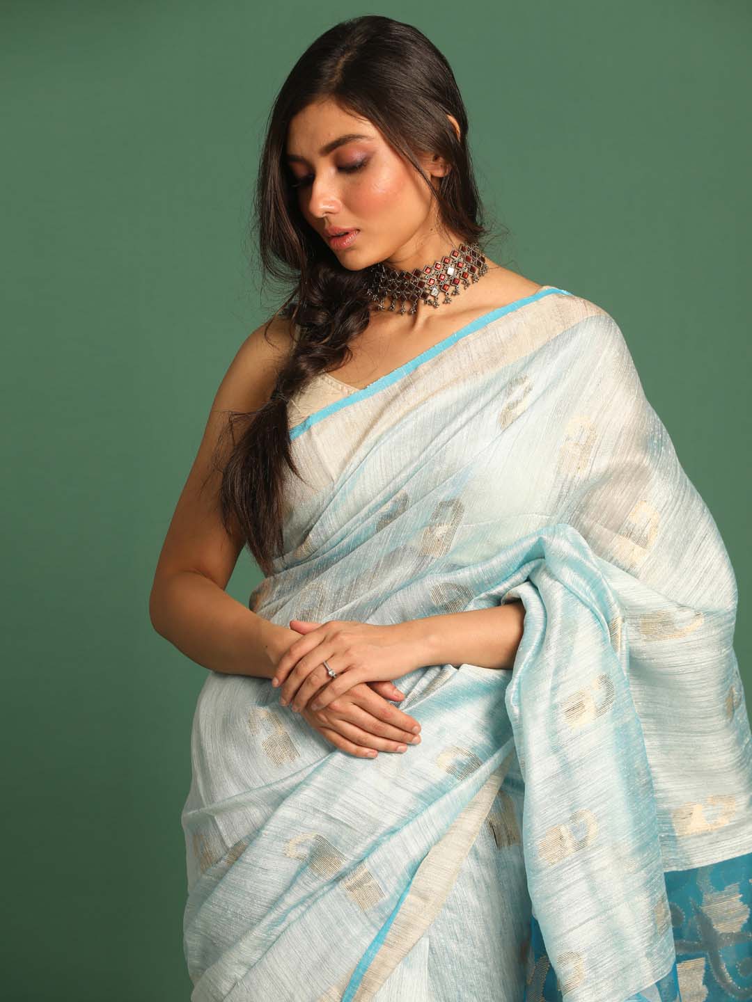 Indethnic Blue Pure Silk Ethnic Motifs Design Jamdani - View 2