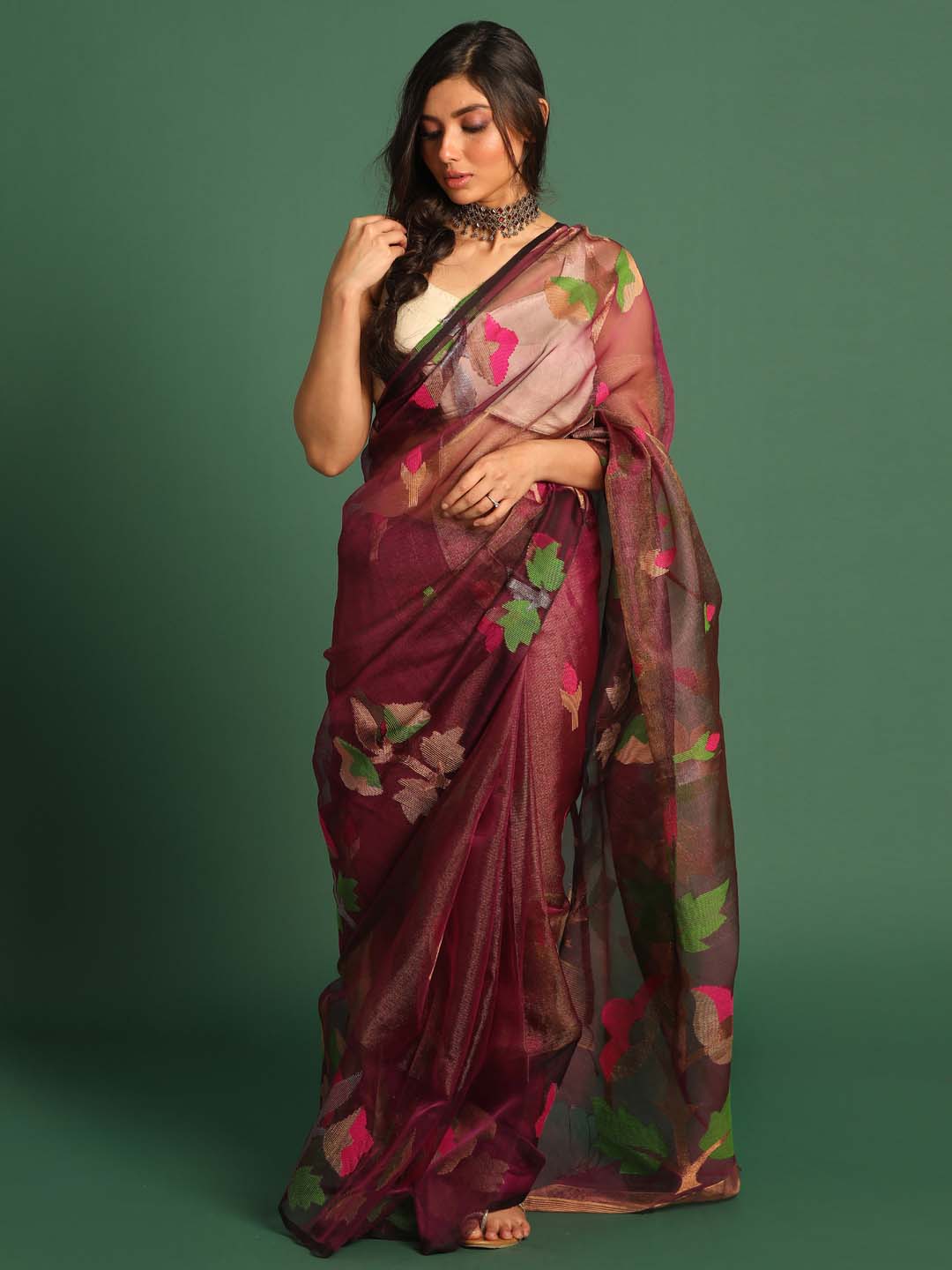 Indethnic Brown Pure Silk Floral Design Jamdani - View 1