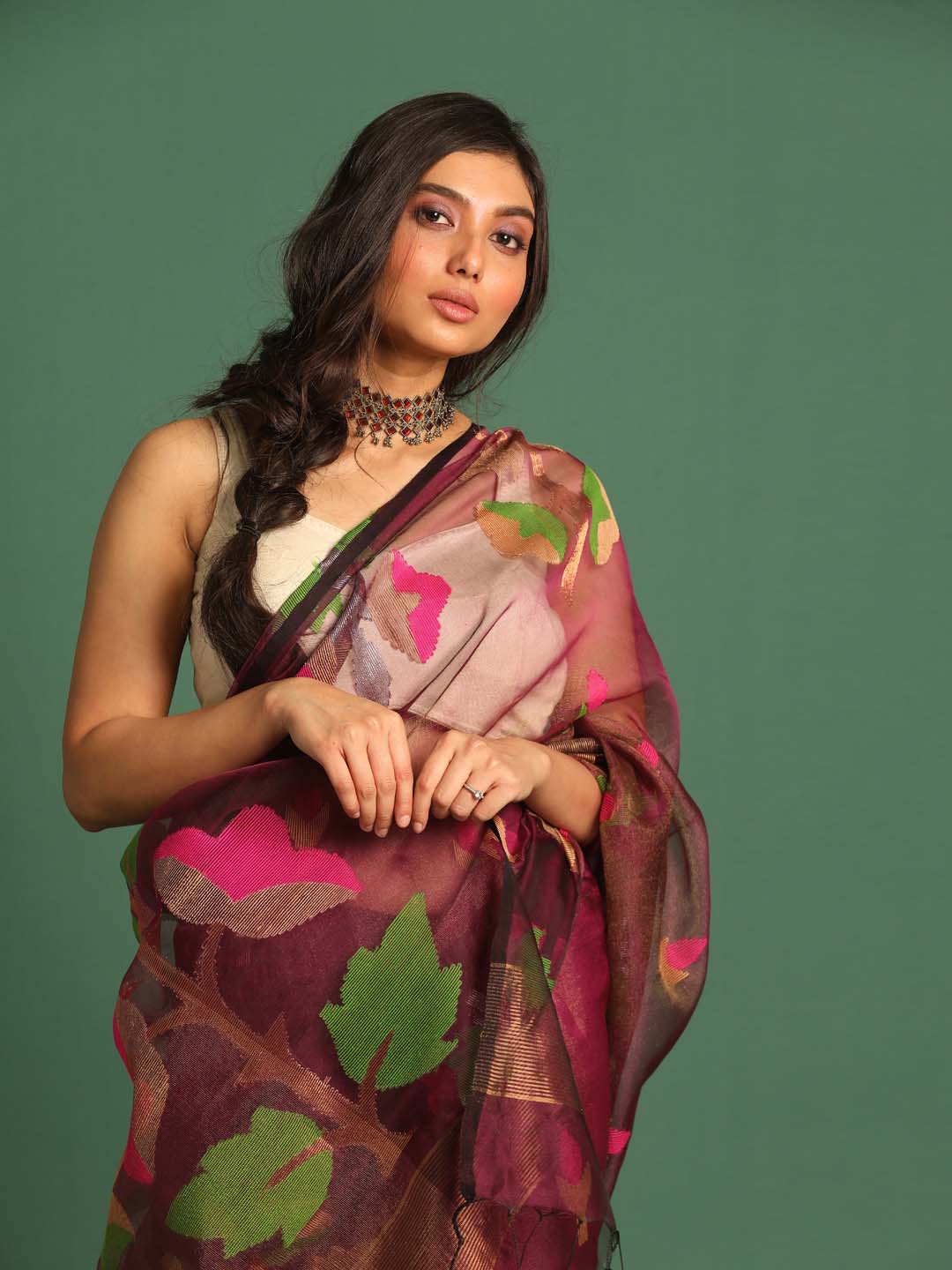Indethnic Brown Pure Silk Floral Design Jamdani - View 2