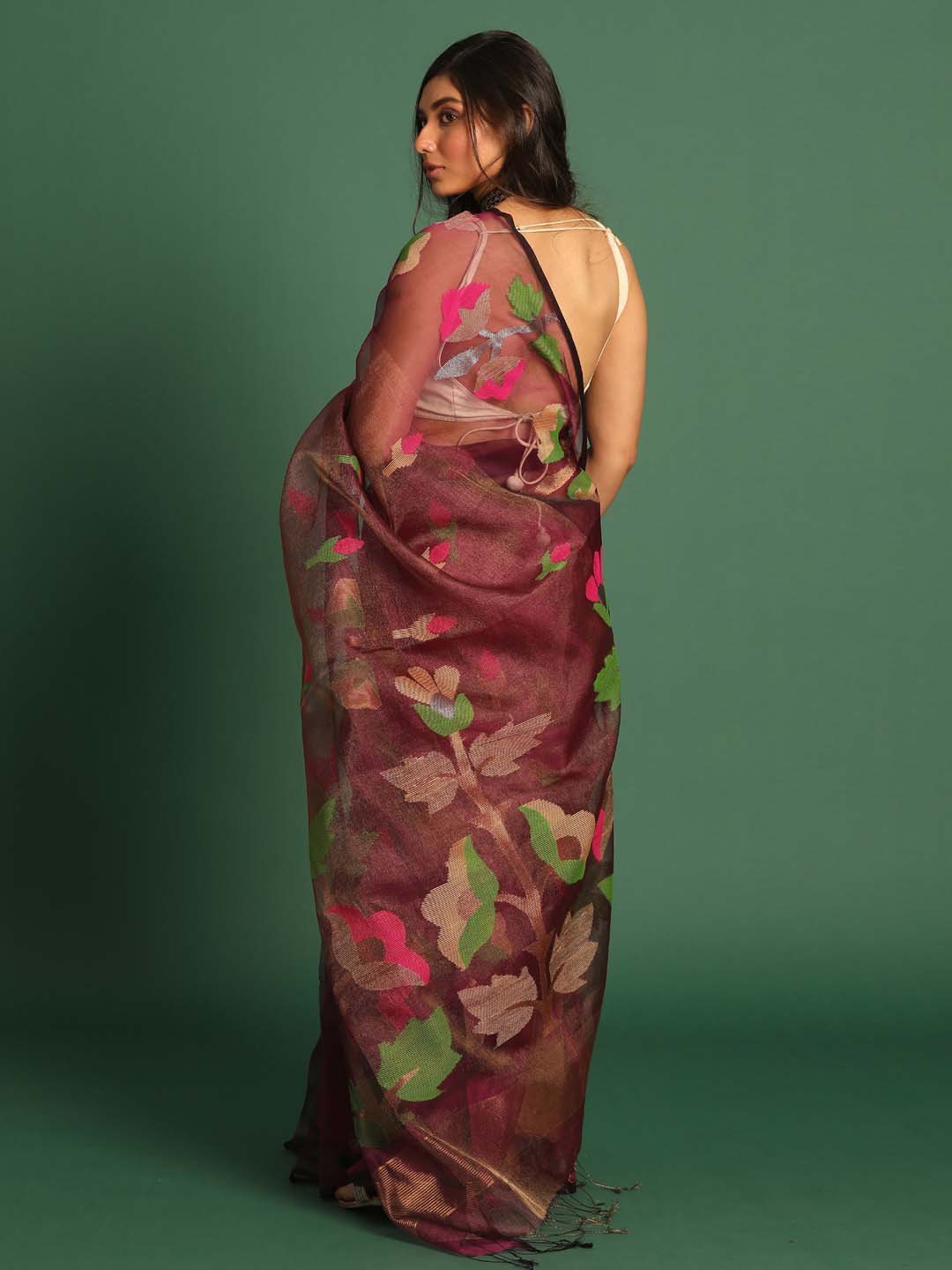 Indethnic Brown Pure Silk Floral Design Jamdani - View 3