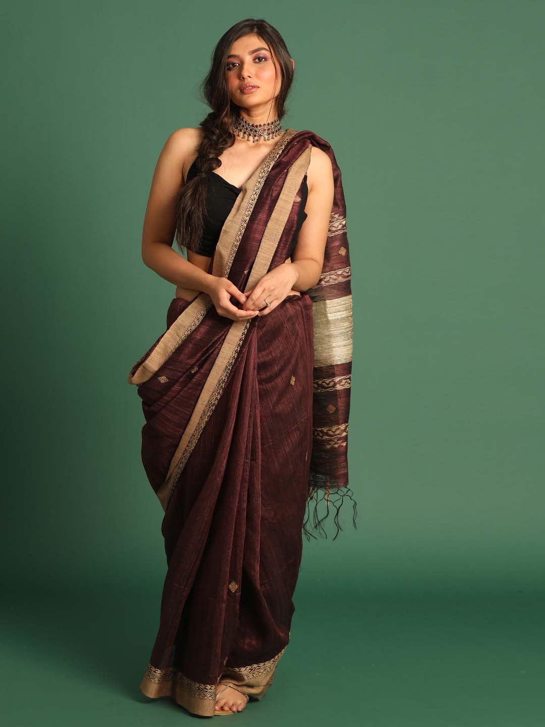 Indethnic Brown Pure Silk Ethnic Motifs Design Jamdani - View 1