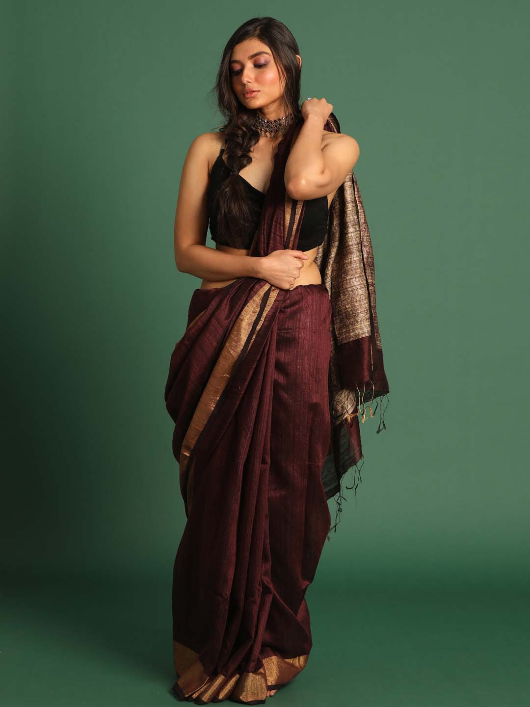 Indethnic Brown Pure Silk Ethnic Motifs Design Jamdani - View 1