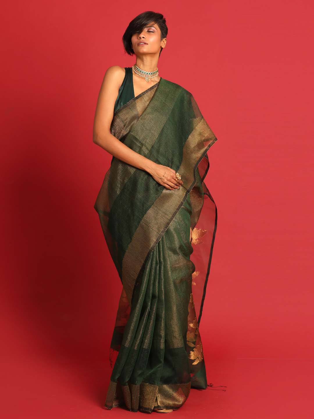 Indethnic Green Pure Silk Floral Design Jamdani - View 1