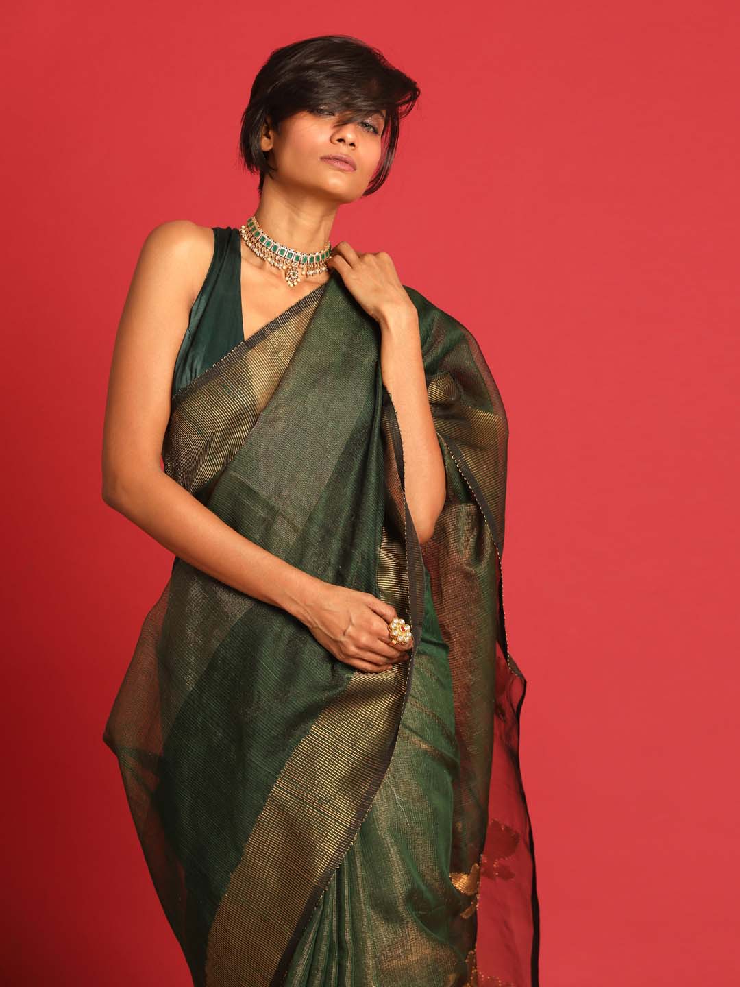Indethnic Green Pure Silk Floral Design Jamdani - View 1