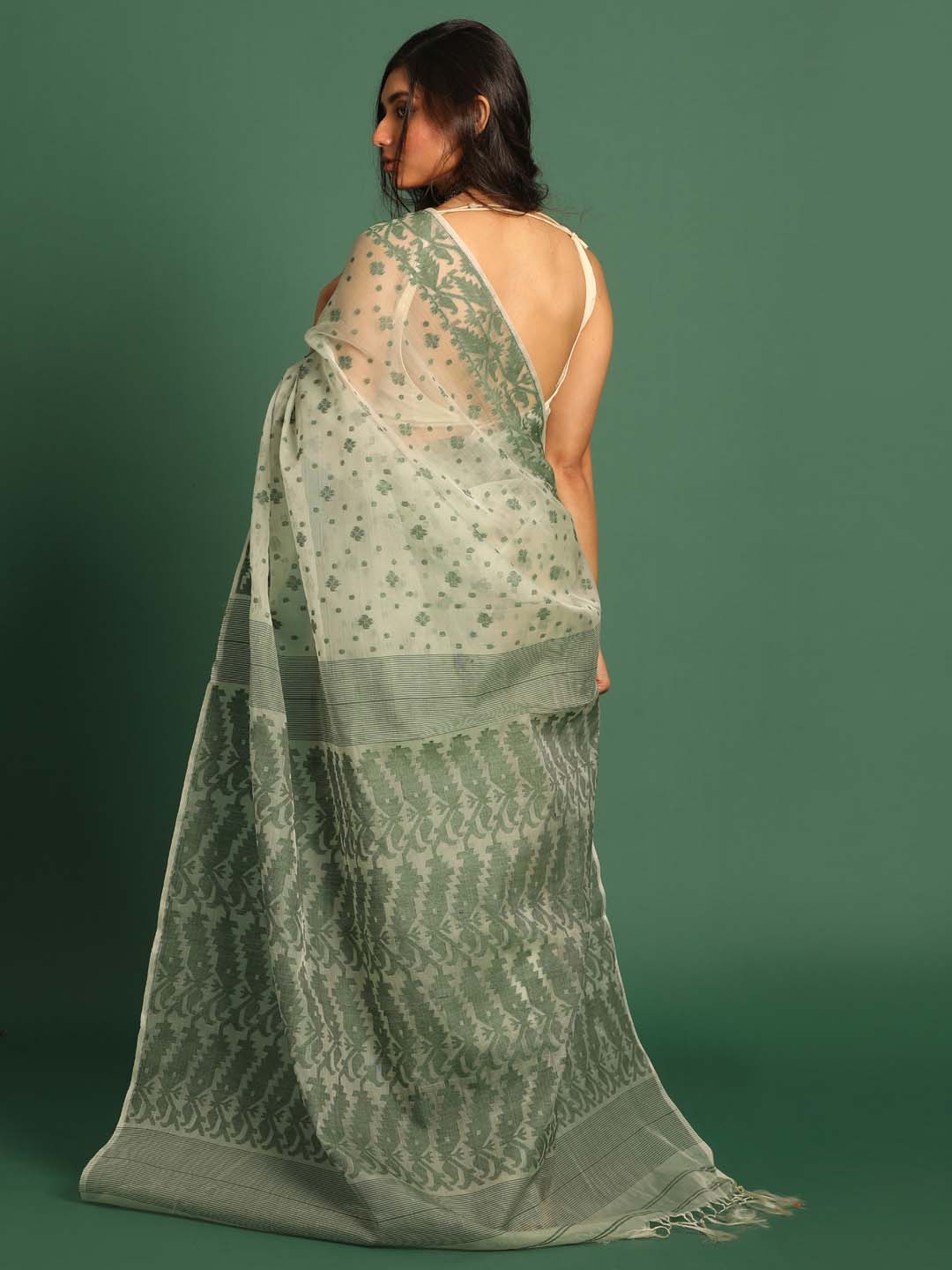 Indethnic Green Pure Silk Ethnic Motifs Design Jamdani - View 3