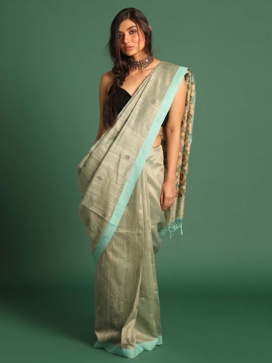 Indethnic Khaki Pure Silk Abstract Design Jamdani - View 1