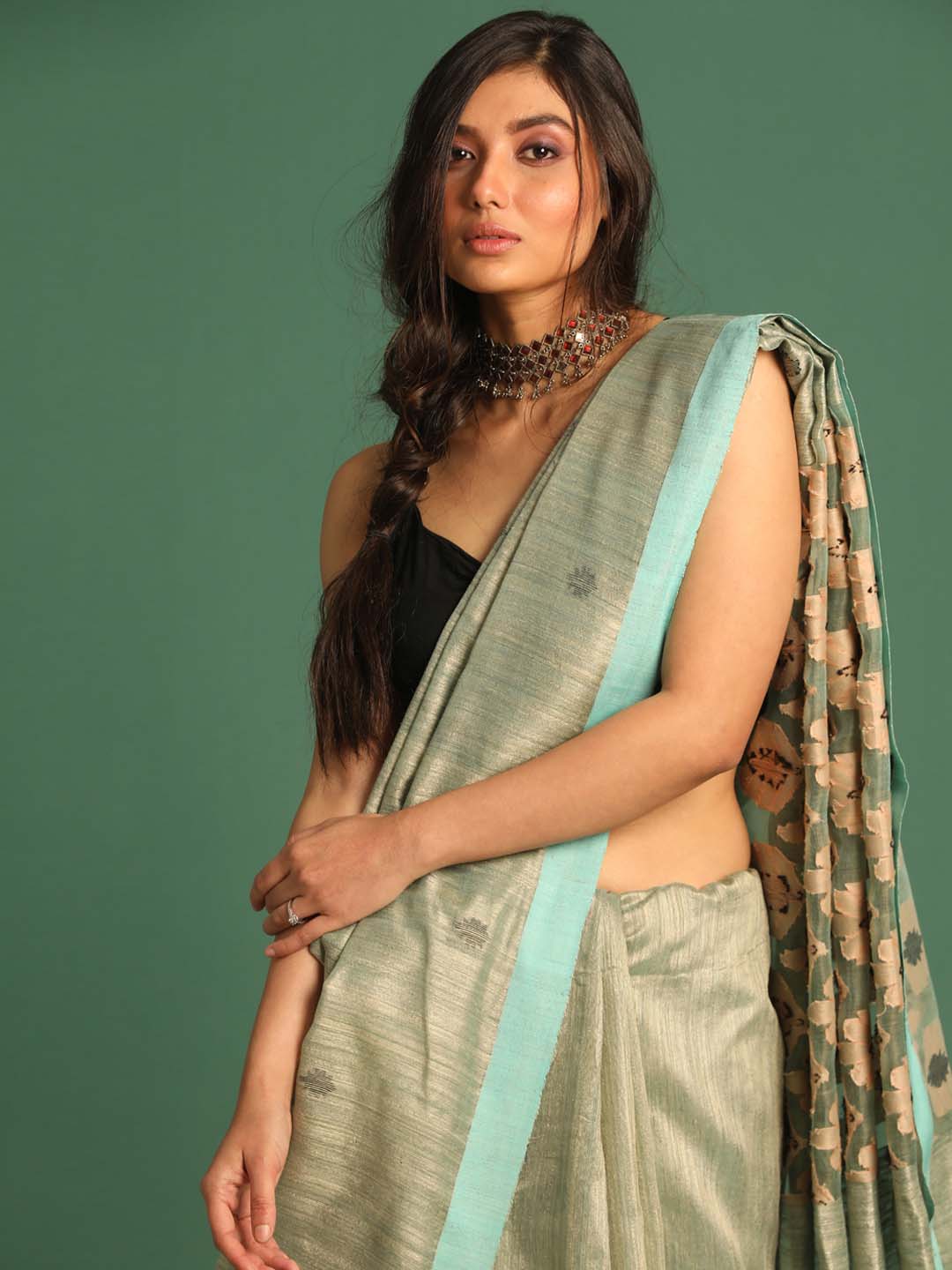 Indethnic Khaki Pure Silk Abstract Design Jamdani - View 2