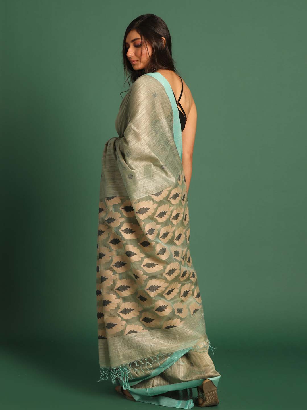 Indethnic Khaki Pure Silk Abstract Design Jamdani - View 3