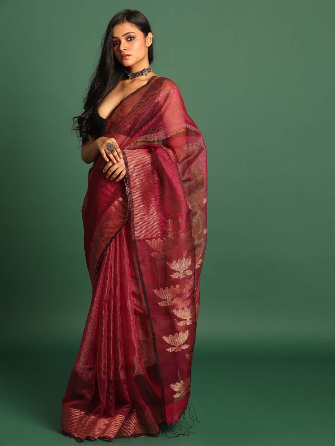 Indethnic Maroon Pure Silk Floral Design Jamdani - View 1