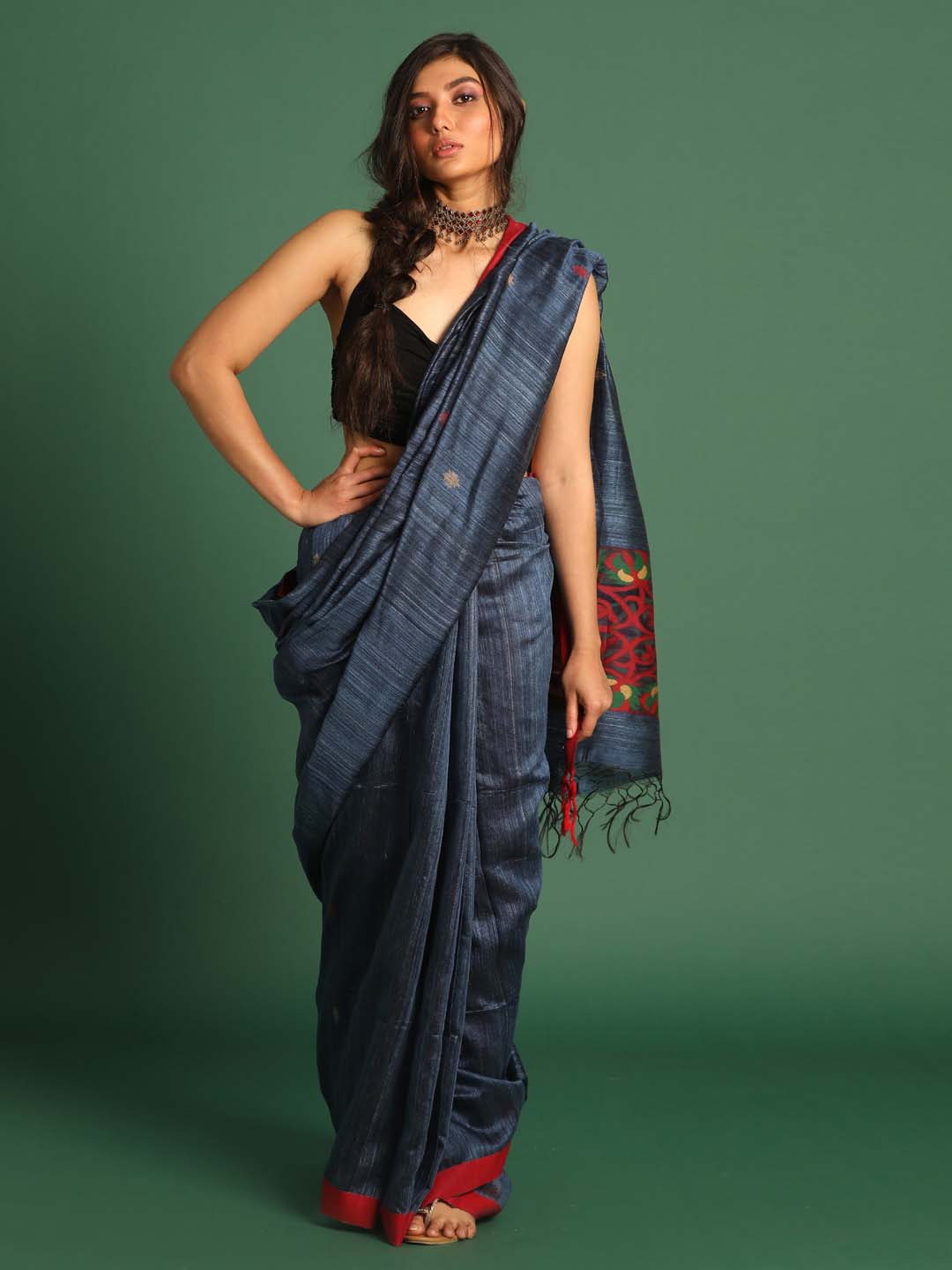 Indethnic Navy Blue Pure Silk Ethnic Motifs Design Jamdani - View 1