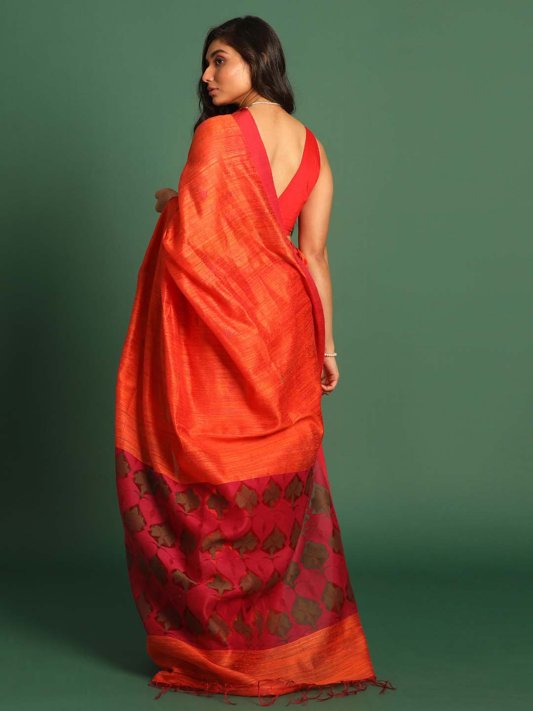 Indethnic Orange Pure Silk Ethnic Motifs Design Jamdani - View 3