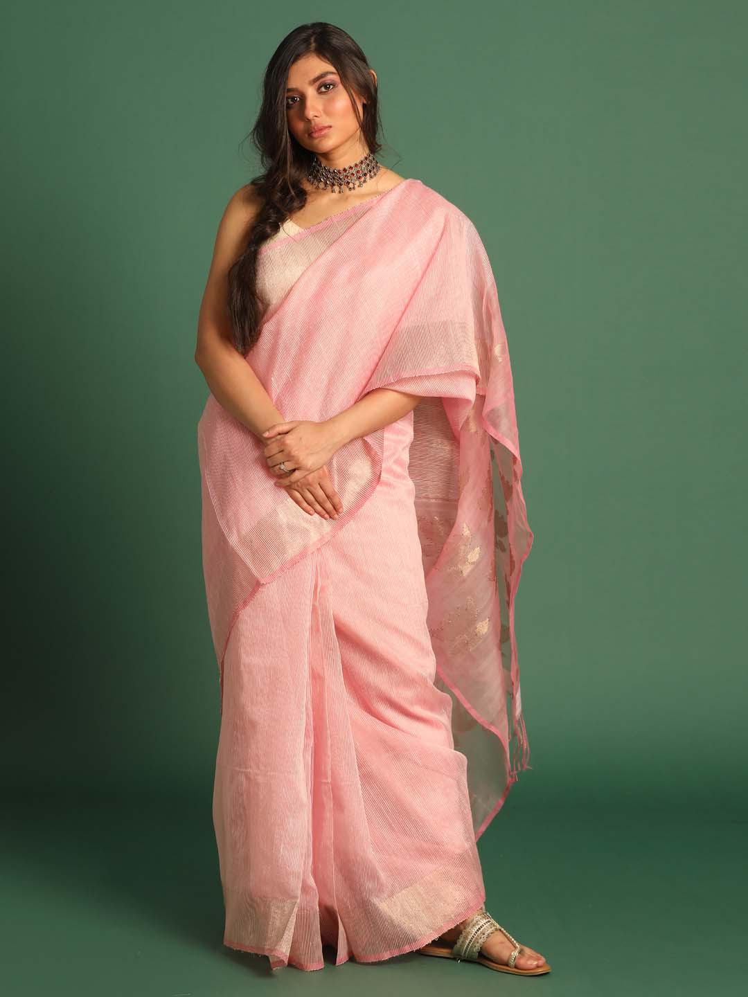 Indethnic Pink Pure Silk Floral Design Jamdani - View 1