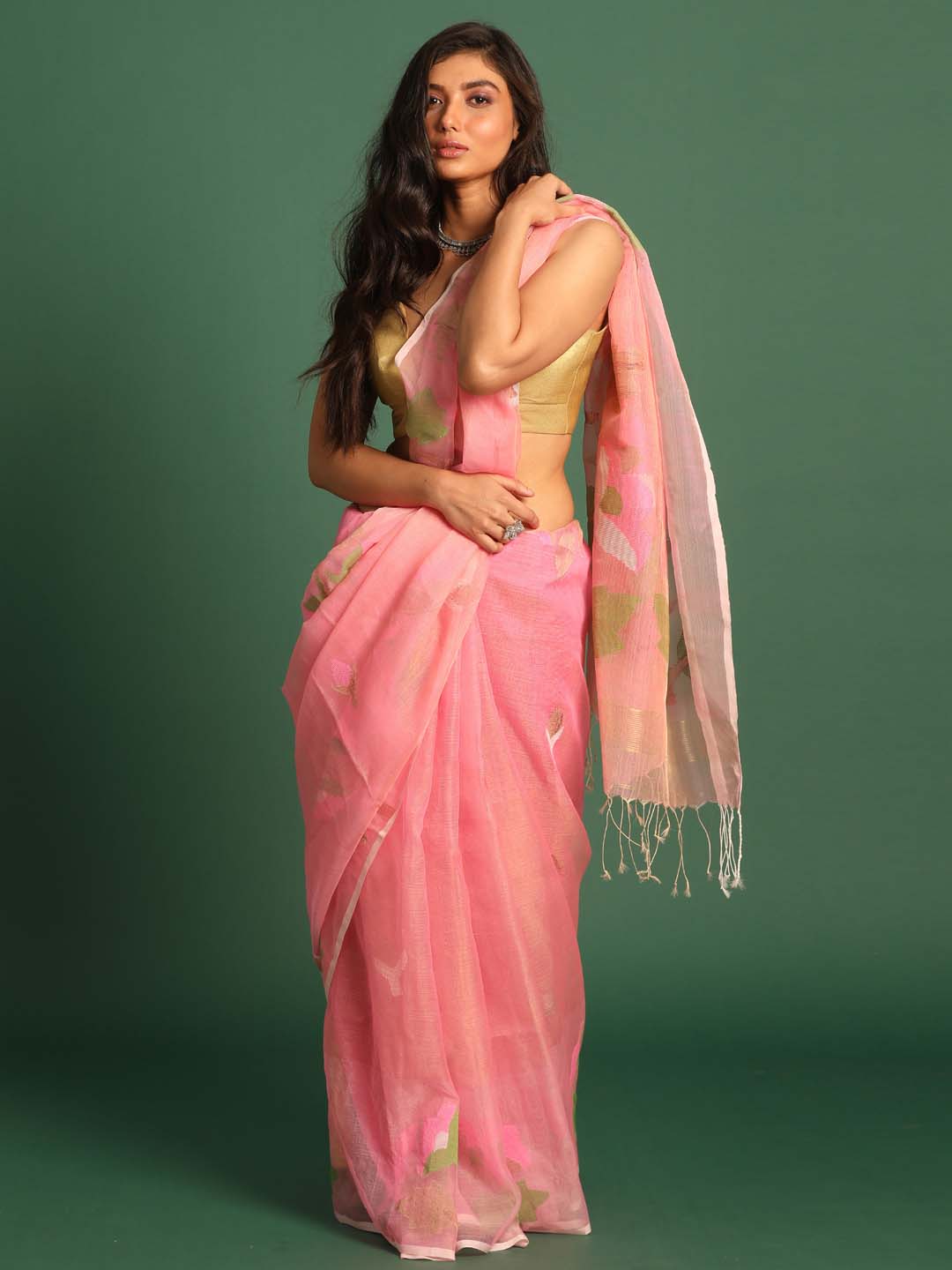 Indethnic Pink Pure Silk Floral Design Jamdani - View 1