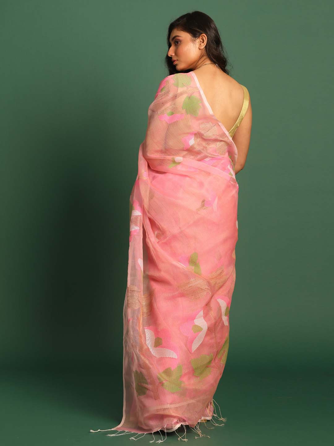 Indethnic Pink Pure Silk Floral Design Jamdani - View 3