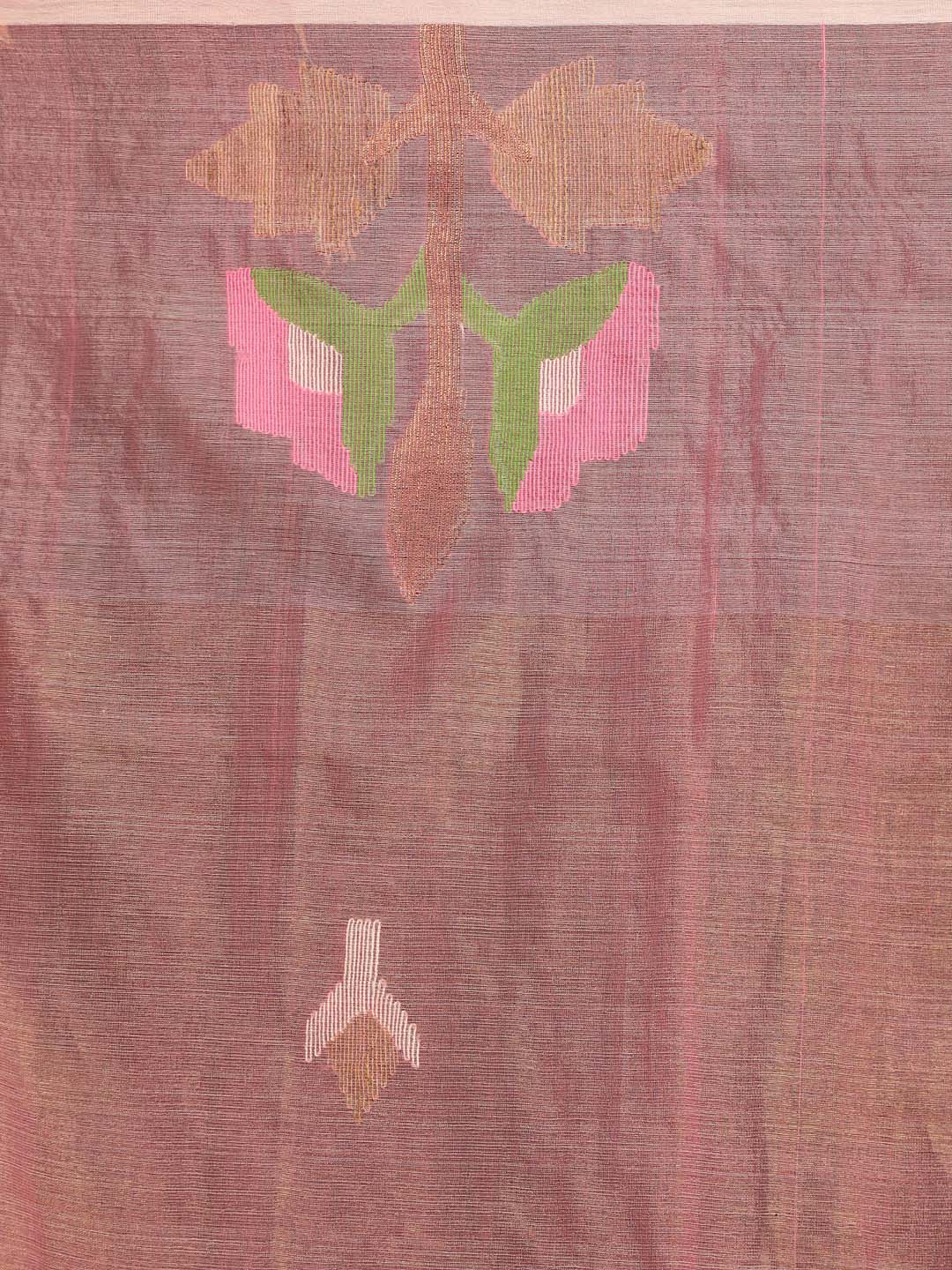 Indethnic Pink Pure Silk Floral Design Jamdani - Saree Detail View