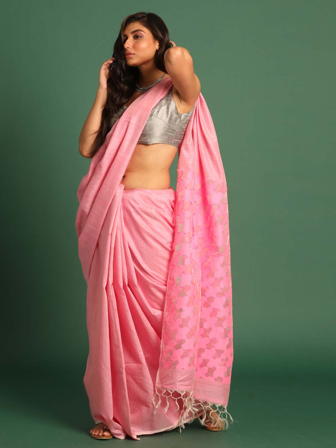 Indethnic Pink Pure Silk Ethnic Motifs Design Jamdani - View 1