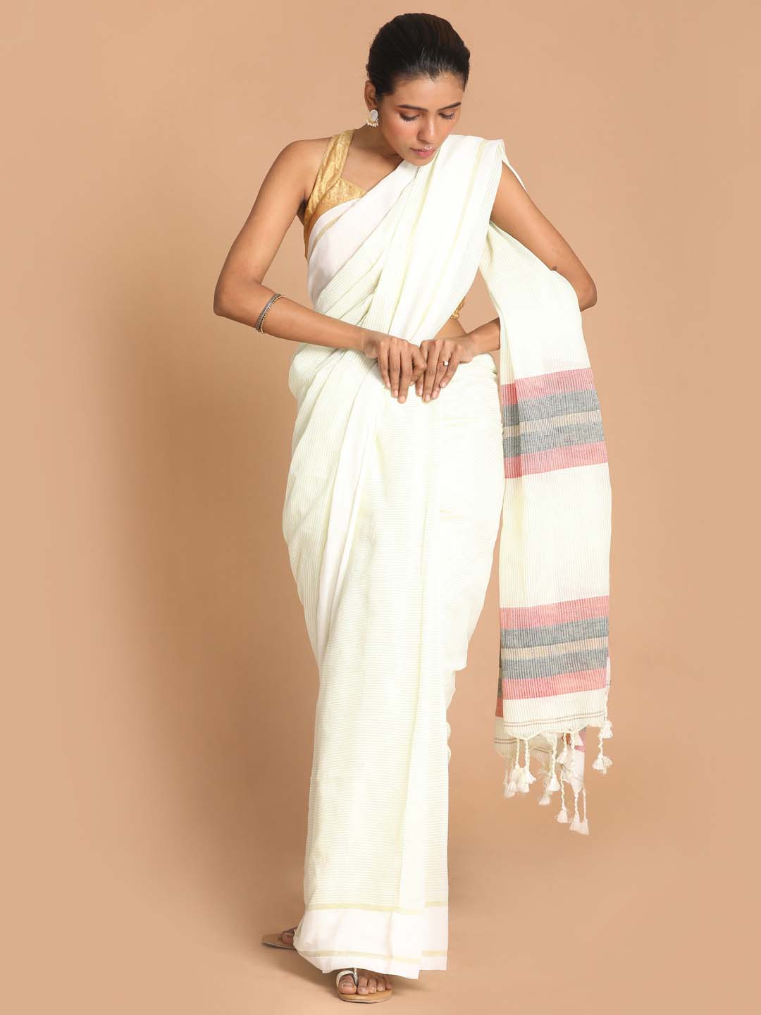 Indethnic White Bengal Handloom Pure Cotton Saree Work Saree - View 1