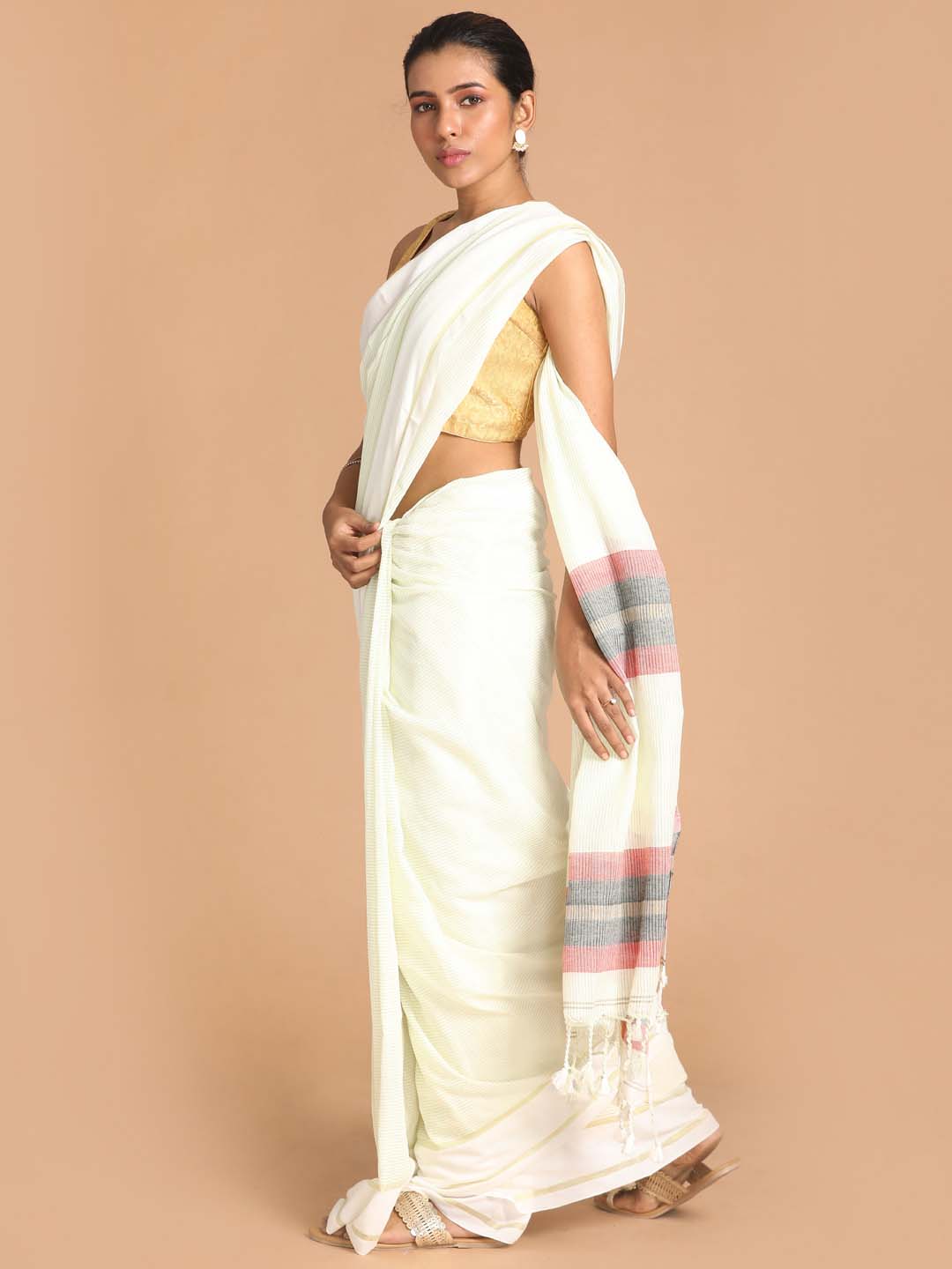 Indethnic White Bengal Handloom Pure Cotton Saree Work Saree - View 2