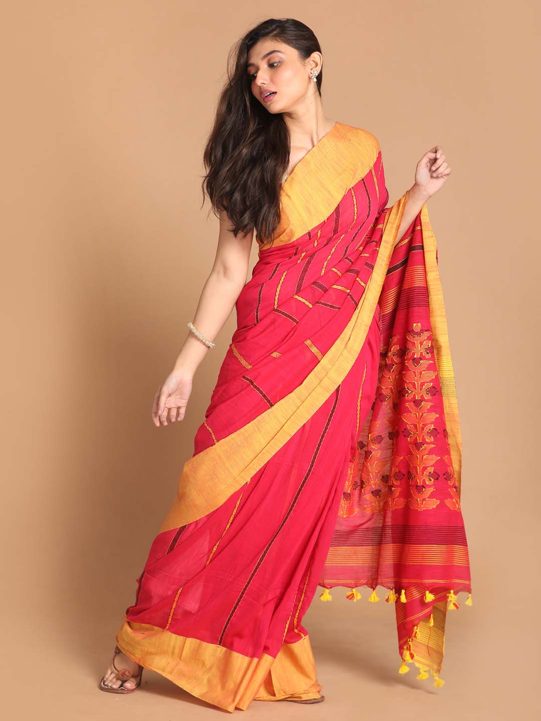 Indethnic Red Bengal Handloom Pure Cotton Saree Daily Saree - View 1