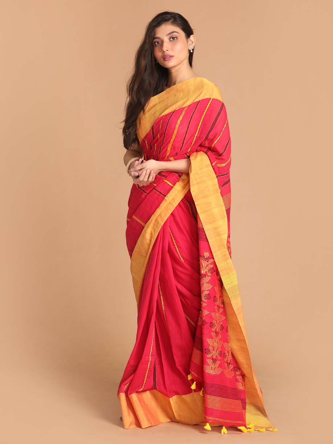 Indethnic Red Bengal Handloom Pure Cotton Saree Daily Saree - View 2