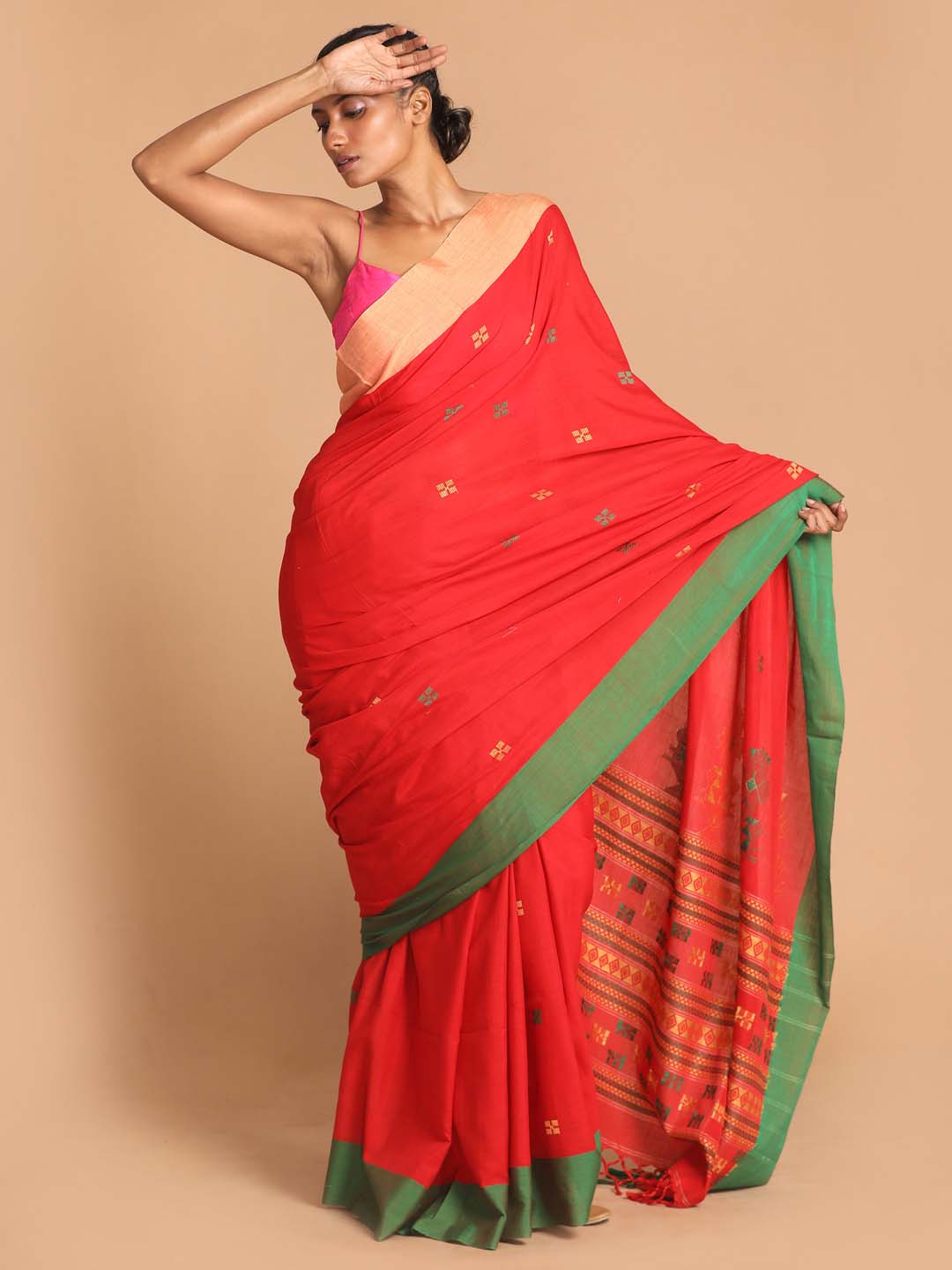 Indethnic Red Bengal Handloom Pure Cotton Saree Daily Saree - View 1