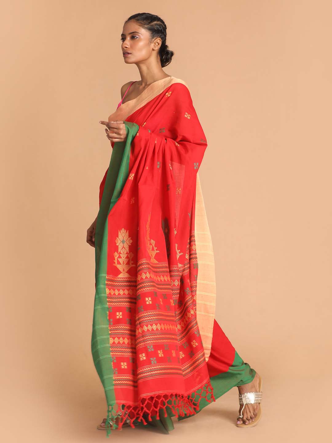 Indethnic Red Bengal Handloom Pure Cotton Saree Daily Saree - View 2