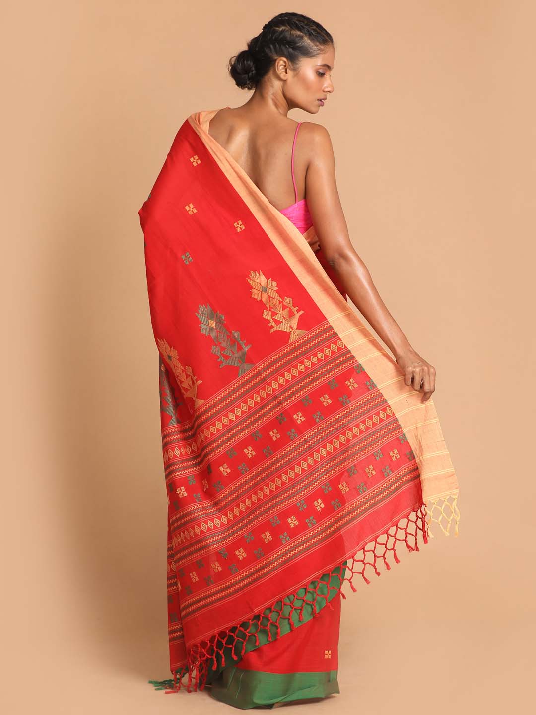 Indethnic Red Bengal Handloom Pure Cotton Saree Daily Saree - View 3