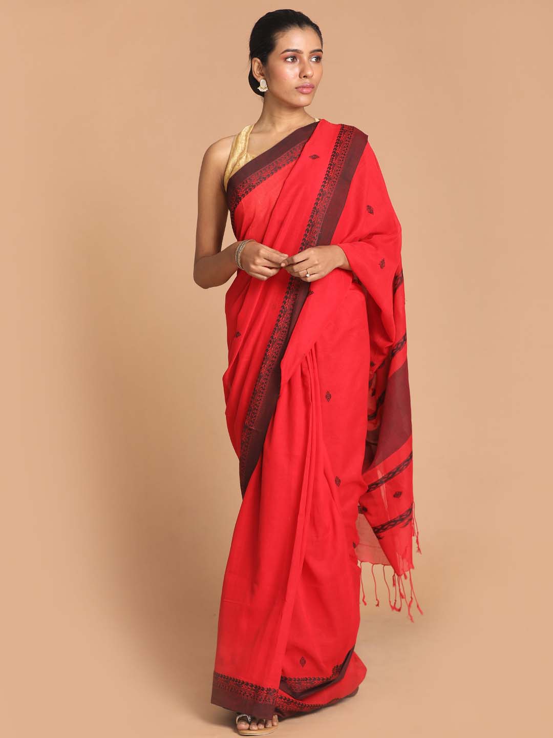 Indethnic Red Bengal Handloom Pure Cotton Saree Work Saree - View 1