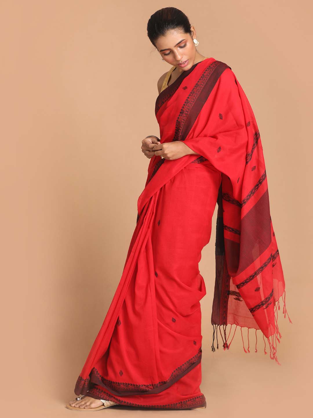 Indethnic Red Bengal Handloom Pure Cotton Saree Work Saree - View 2