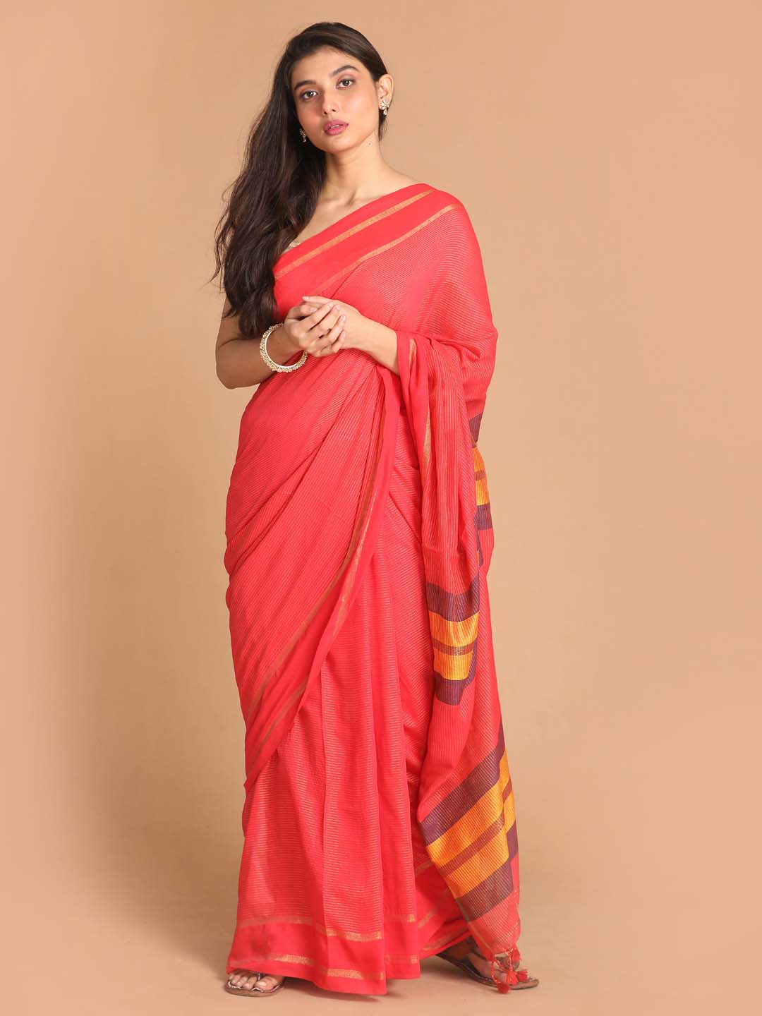 Indethnic Red Bengal Handloom Pure Cotton Saree Work Saree - View 1