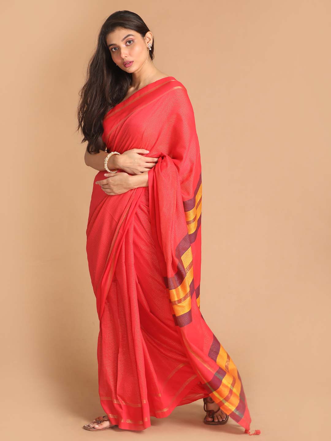 Indethnic Red Bengal Handloom Pure Cotton Saree Work Saree - View 2