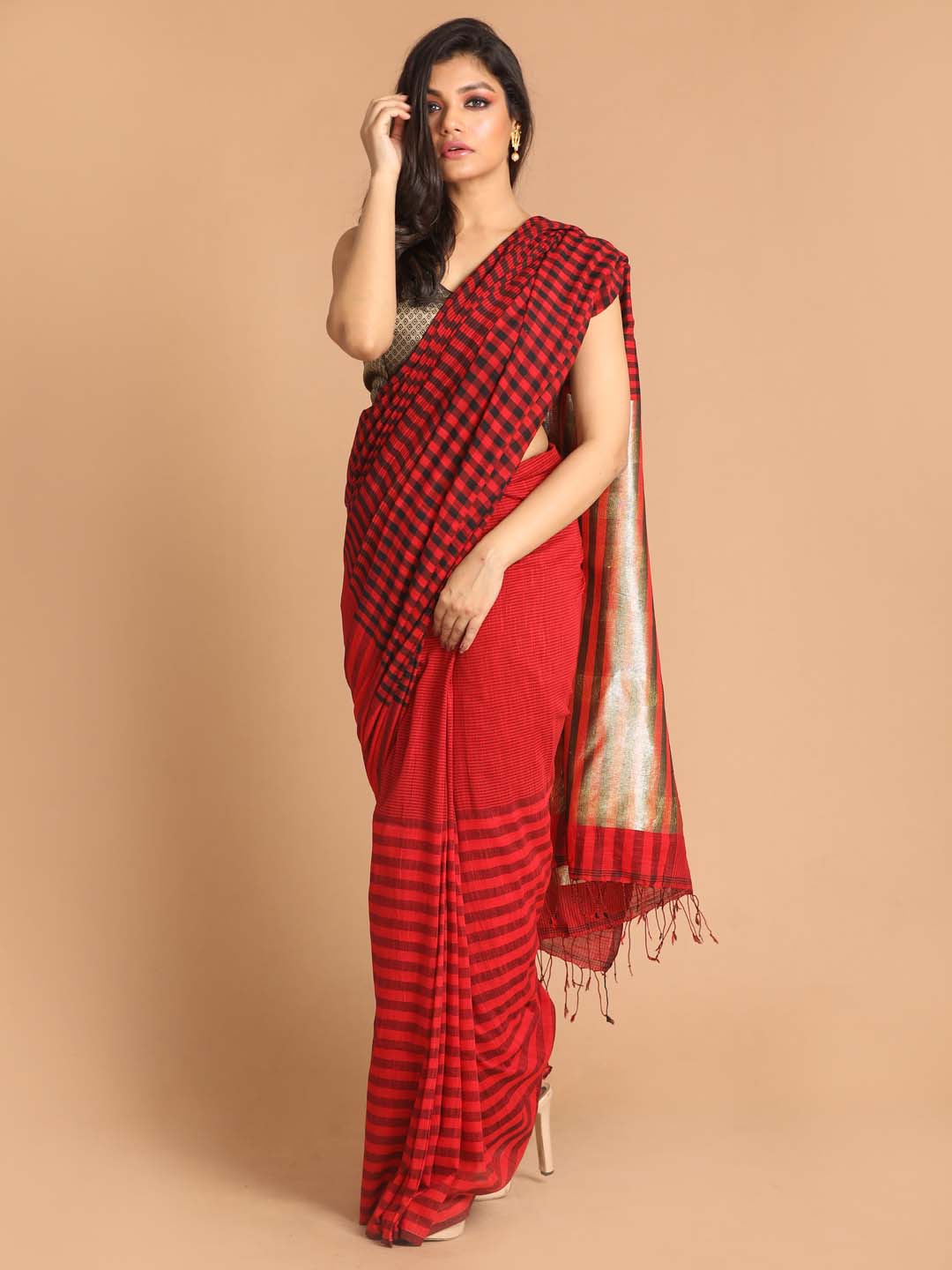 Indethnic Red Bengal Handloom Pure Cotton Saree Work Saree - View 1