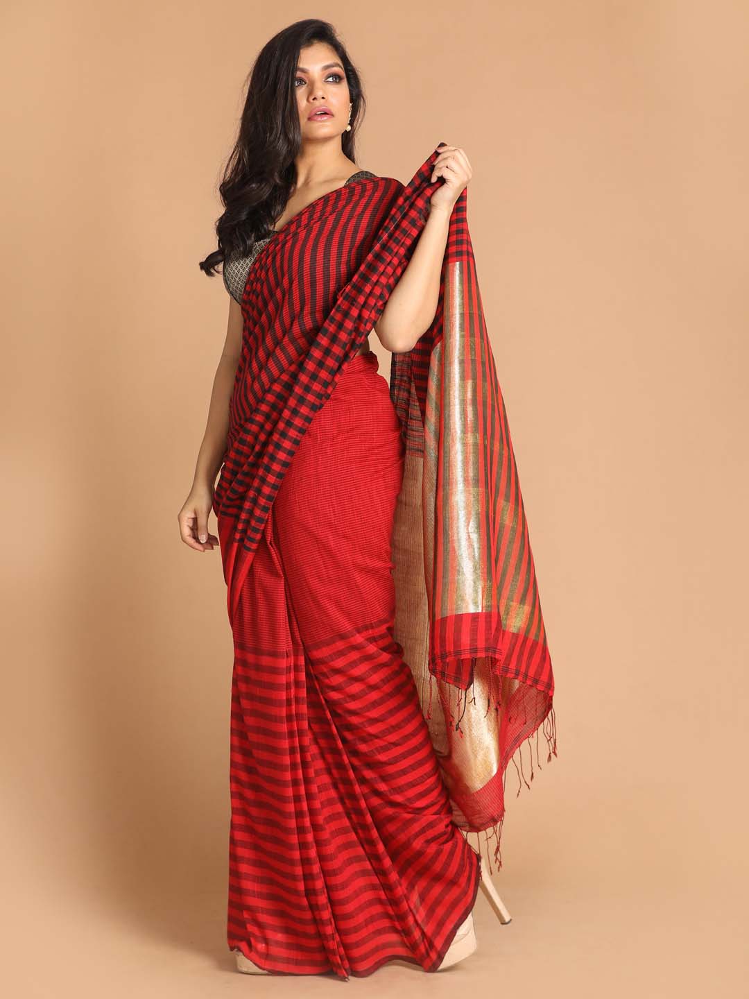 Indethnic Red Bengal Handloom Pure Cotton Saree Work Saree - View 2